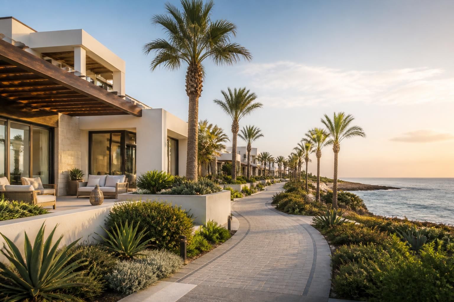 Modern coastal villas with palm-lined resort pathways