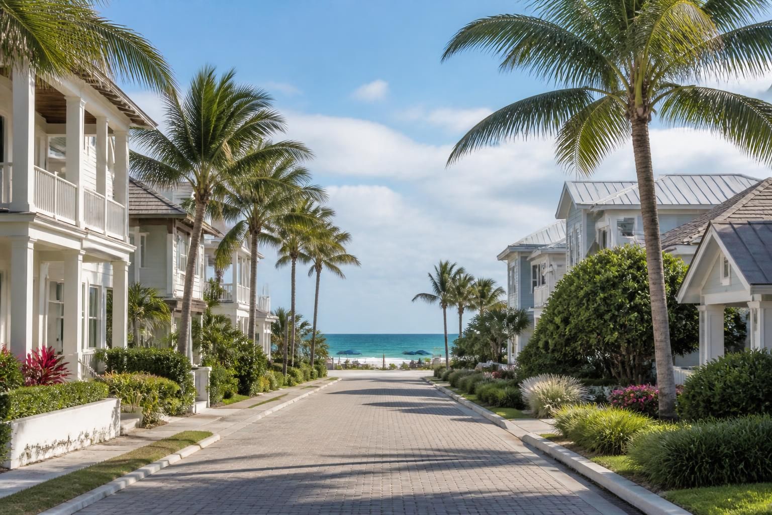 Beachfront residences with palm trees and a calm coastal streetscape