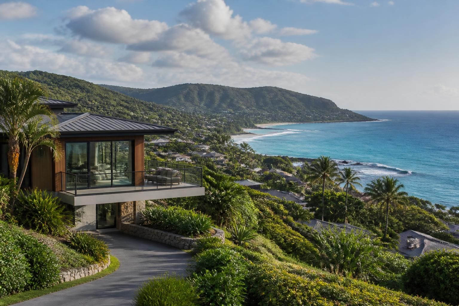 Modern homes with tropical foliage and distant shoreline views