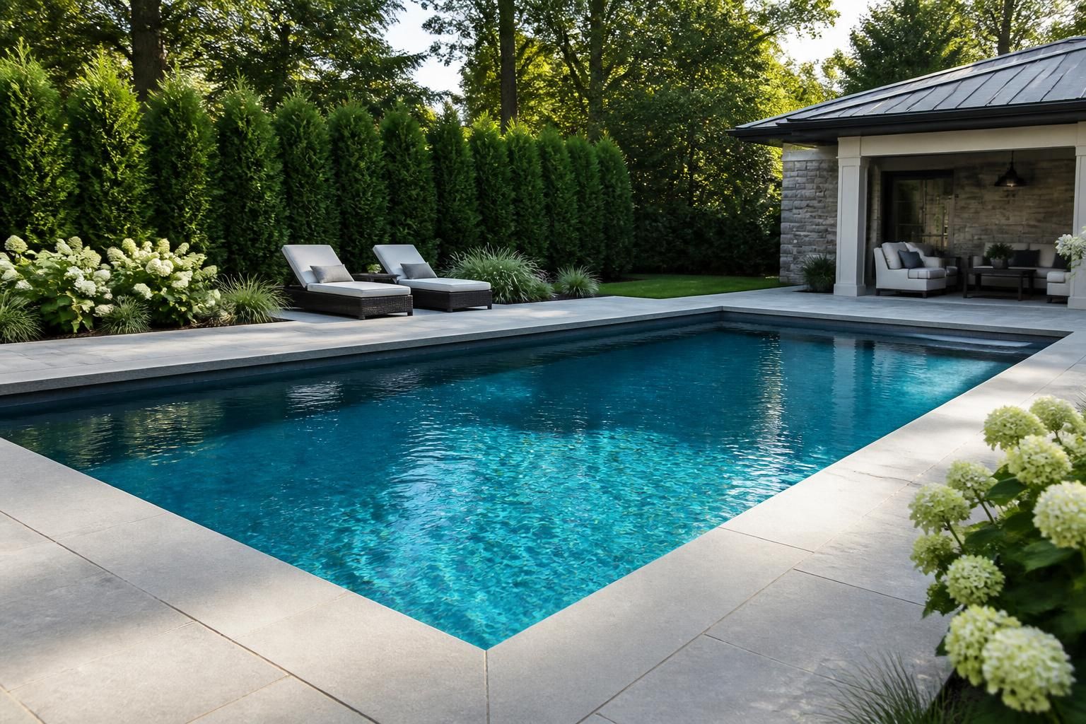 Finished gunite pool with smooth concrete edges and stone coping
