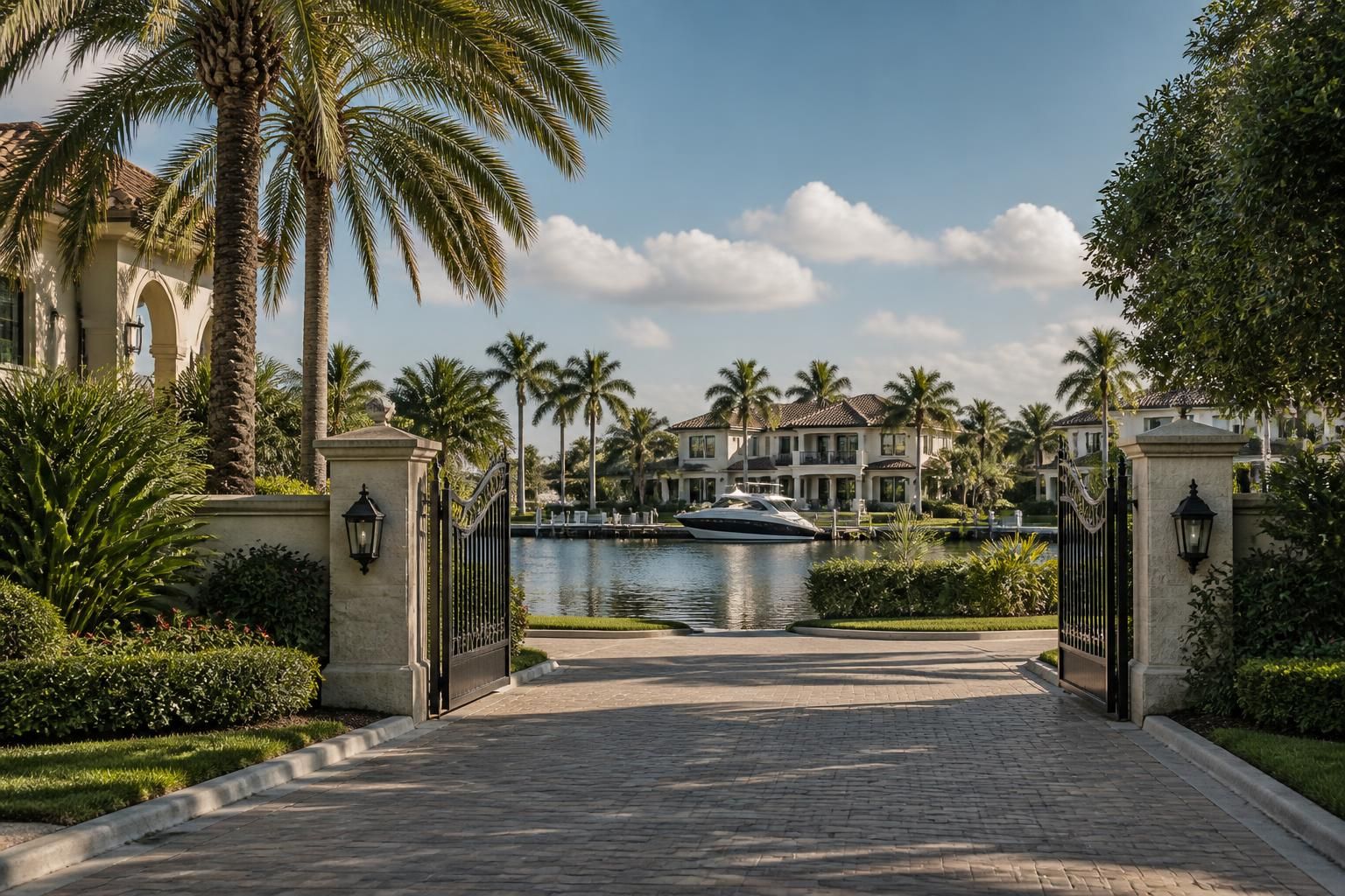 Elegant waterfront estates with lush tropical landscaping
