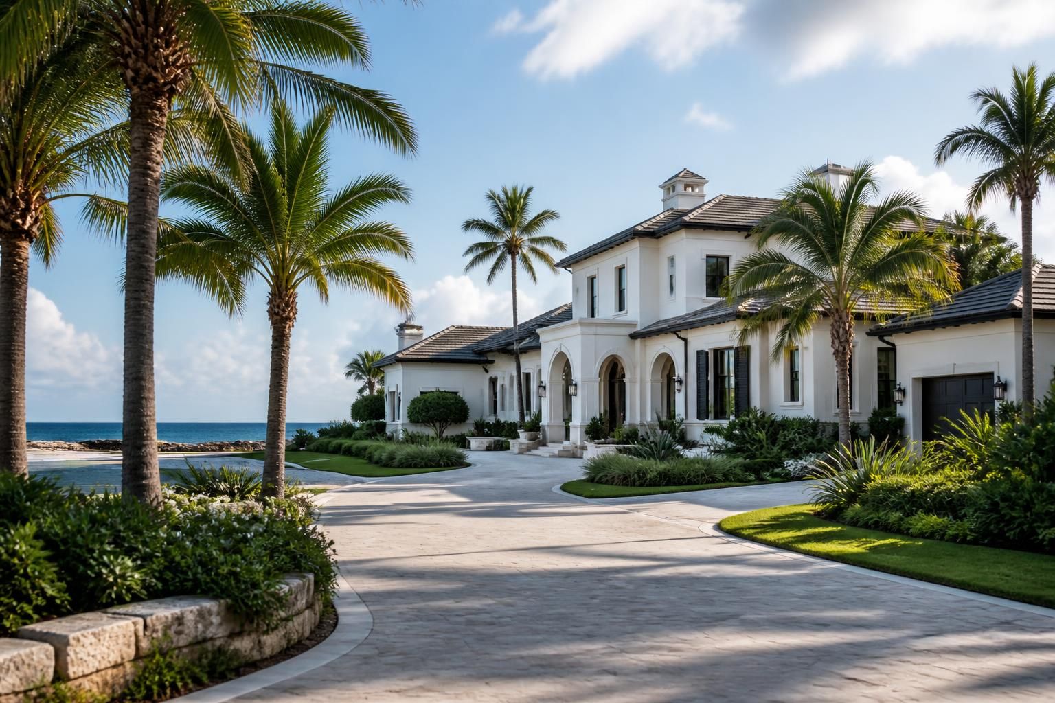 Grand estate homes with sweeping palms and tropical landscaping