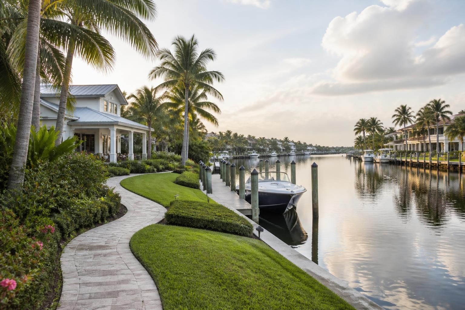 Refined waterfront homes with manicured tropical greenery