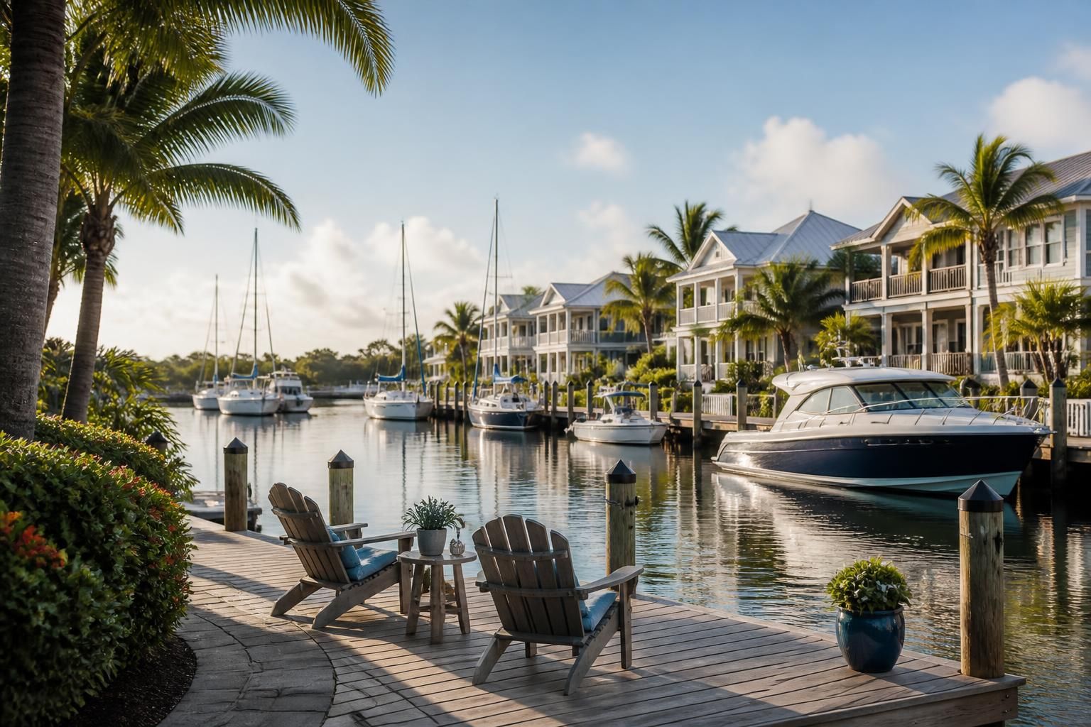 Waterfront homes and calm docks in a marina community