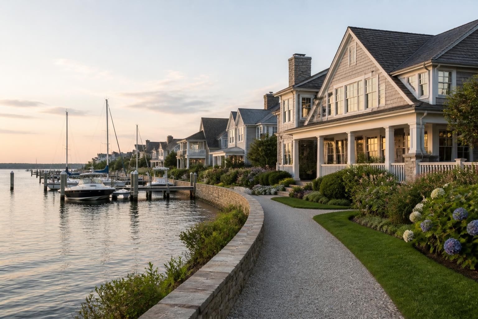 Luxury waterfront homes and marina views in a coastal neighborhood