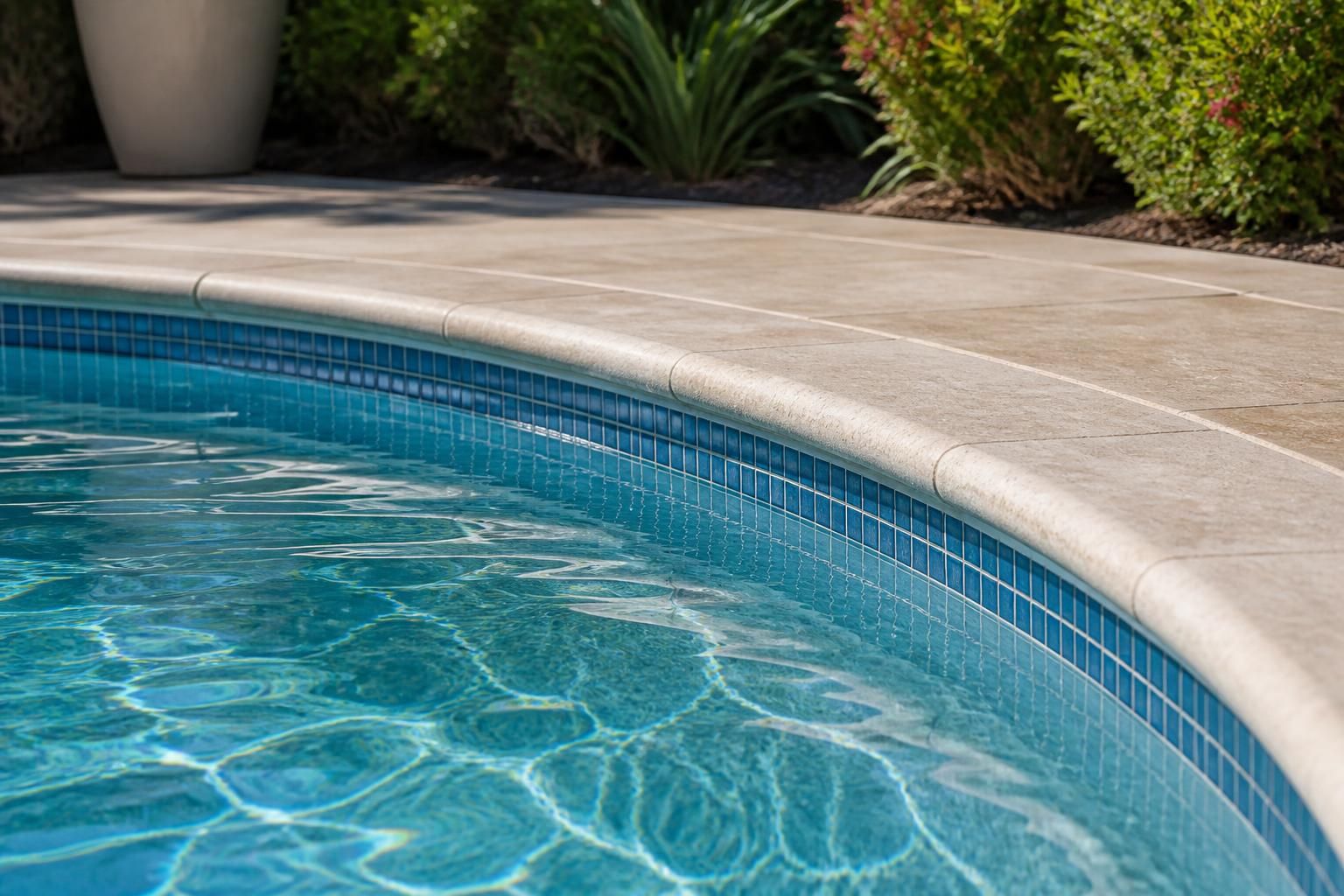 Repaired pool edge with restored waterline tile and clear water