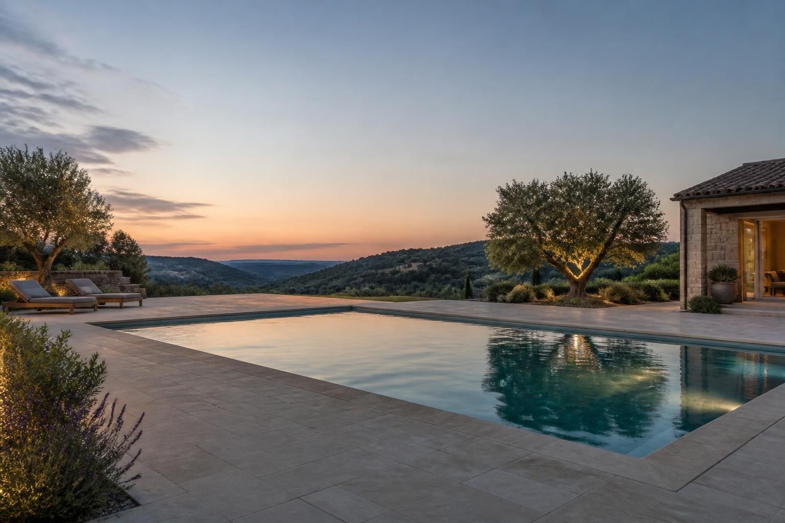 Tranquil finished pool terrace with open space for text