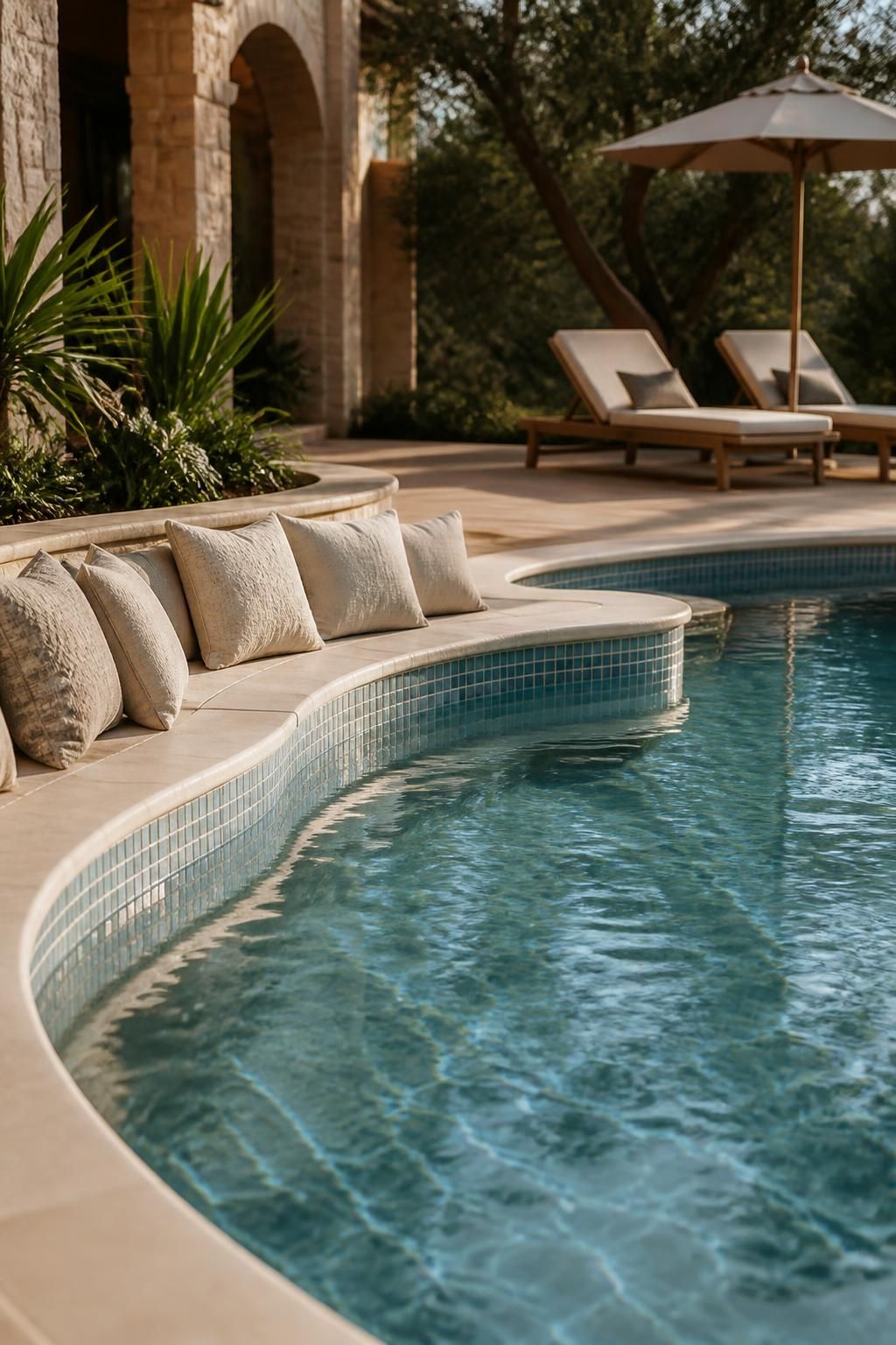 Resort-style pool deck with elegant waterline tile and seating edge