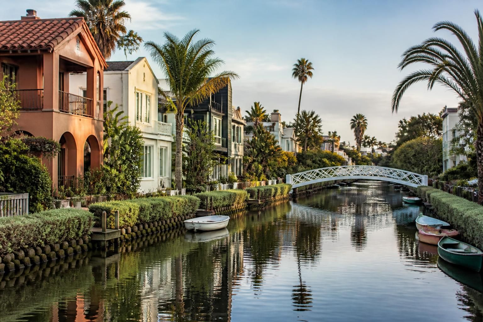 Canal-side homes with bridges and lush tropical palms