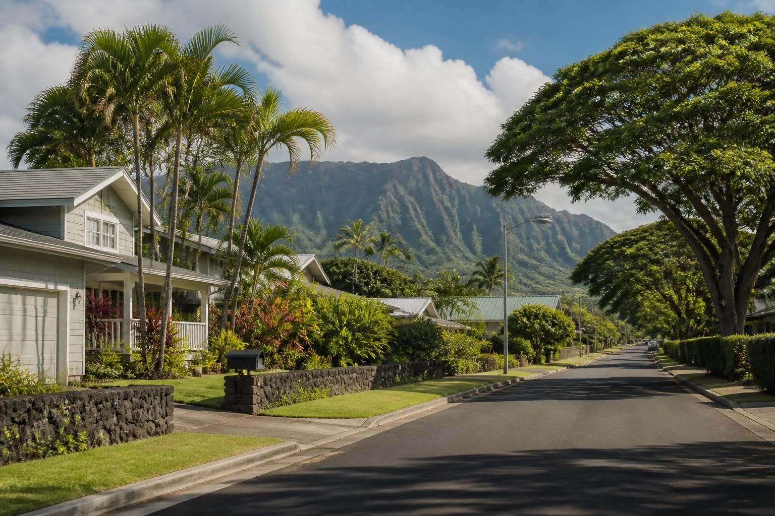 Peaceful island street with tidy homes and tropical trees